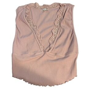 Intimately‎ Free People Pink Ribbed Lace Trim Deep V Neck Racerback Tank Top M
